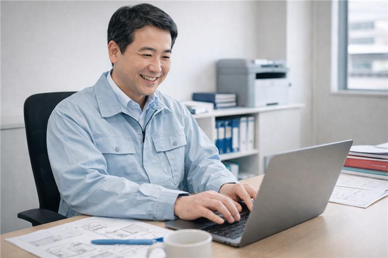 smiling japanese office worker using laptop at desk in bright office